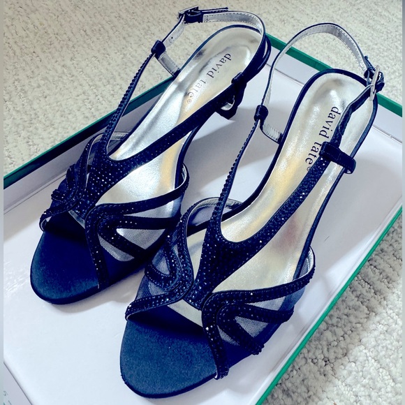David Tate Shoes - David Tate Navy Satin Open-Toe Crystal Slingback Heels